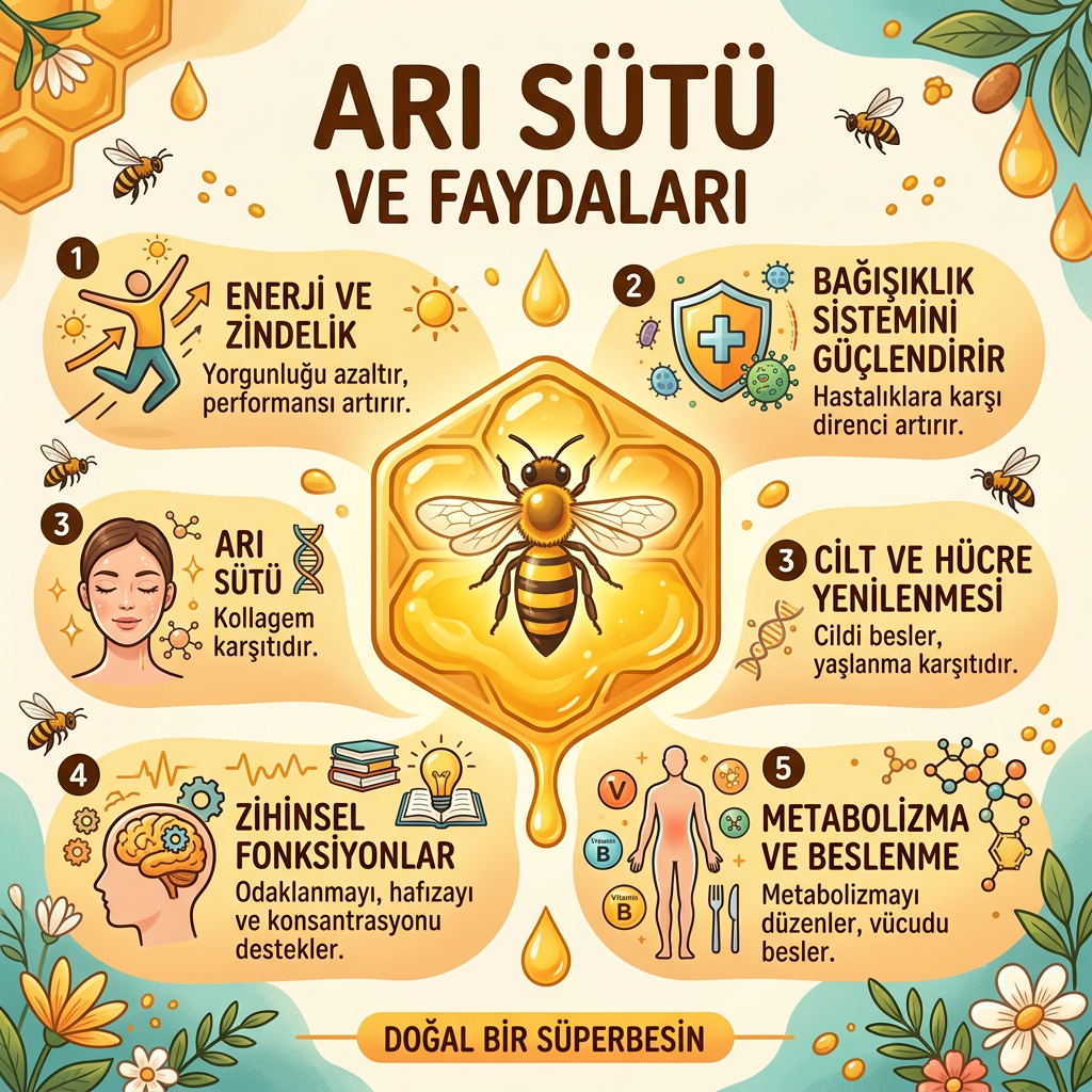 Infographic showing six key benefits of bee milk including energy, immunity, skin renewal, mental functions, and metabolism