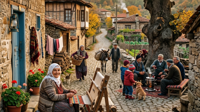 Elderly woman weaving carpet outside stone house while group drinks tea near large tree on cobblestone street